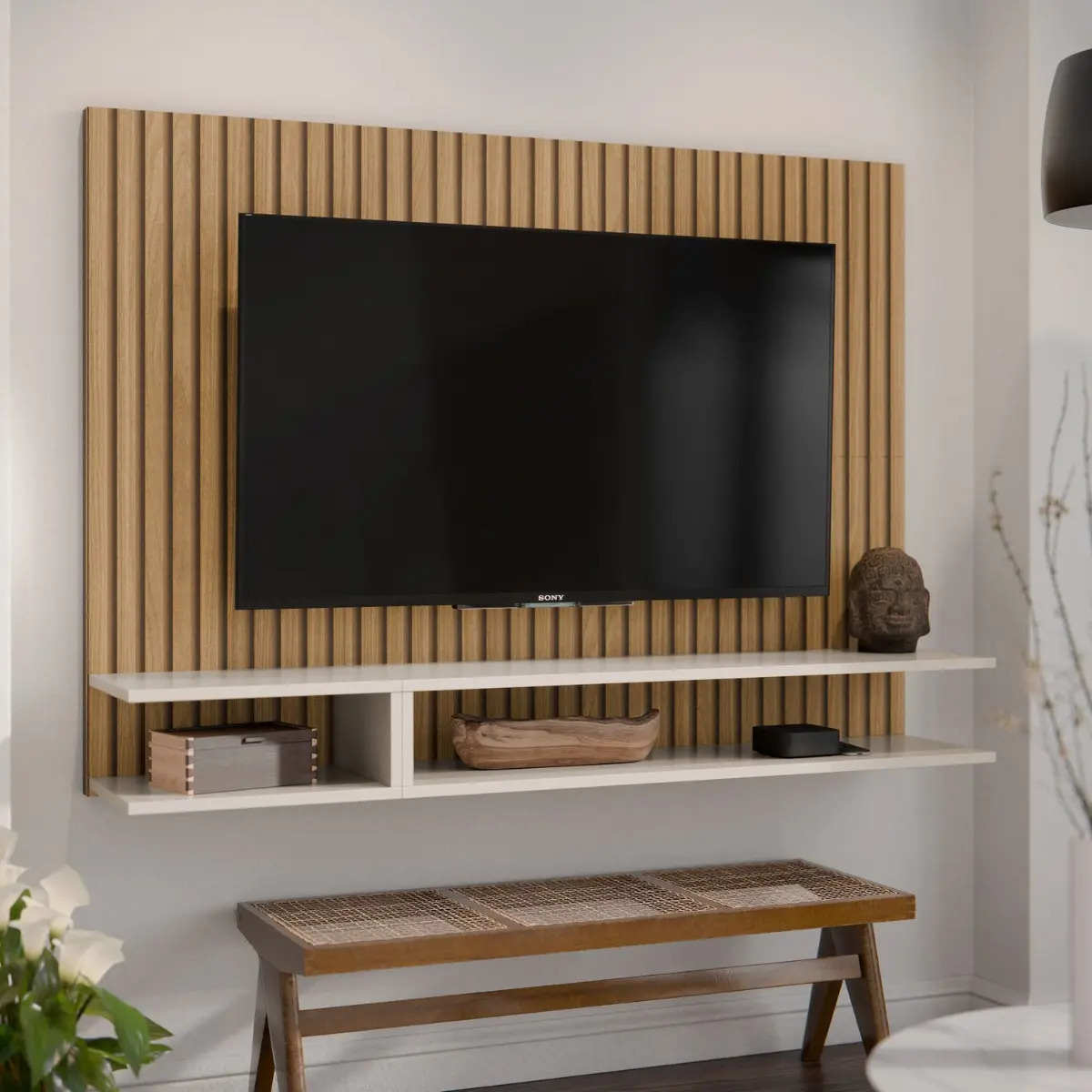 Painel Tv 50 Polegadas Milão 125x90 Cm Com Duas Prateleiras Cor Ripado Off-white