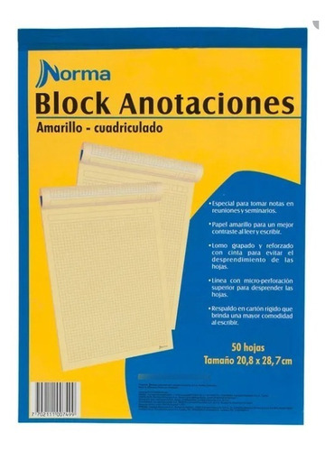 Block Anotaciones 1/2 Carta 50 Hojas Cuadriculado Amarillo