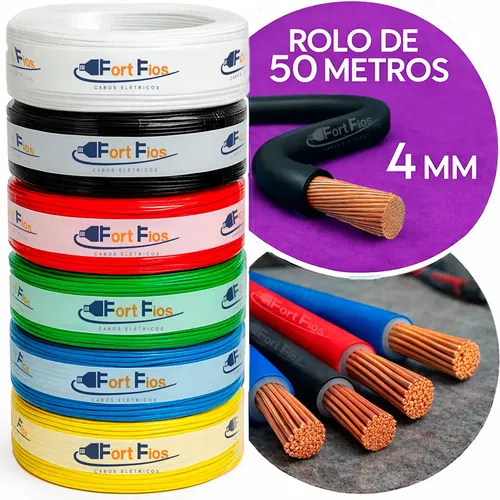 Fio Elétrico 4mm Preto Cabo Flexível Rolo Com 50m Metros 750v Antichamas