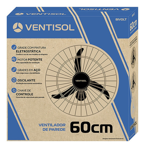 Ventilador de parede Ventisol Comercial preto com 3 pás de plástico, 60 cm de diâmetro 127 V/220 V