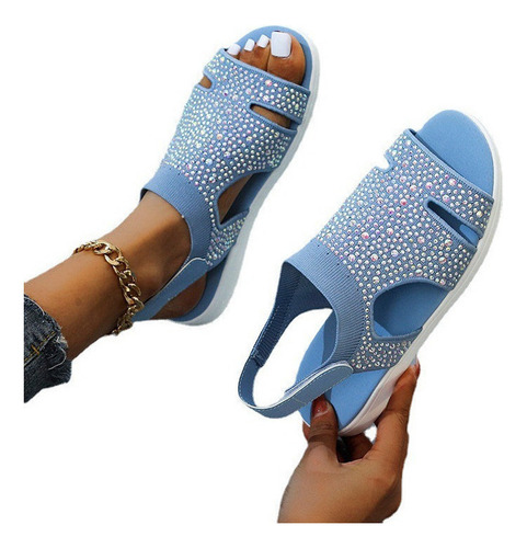 Sandalias De Velcro For Mujeres, Tejido, Suela Gruesa