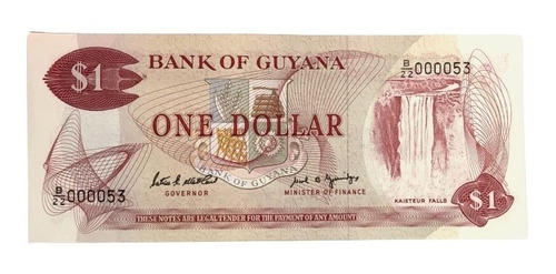 Billete 1 Dólar Serial Bajo 000053 1989 Guyana Unc