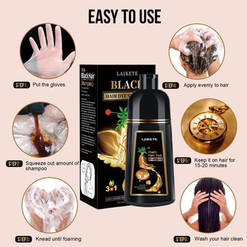 Shampoo De Tintura De Cabelo Preto Laikete 3 Em 1 Para Cober