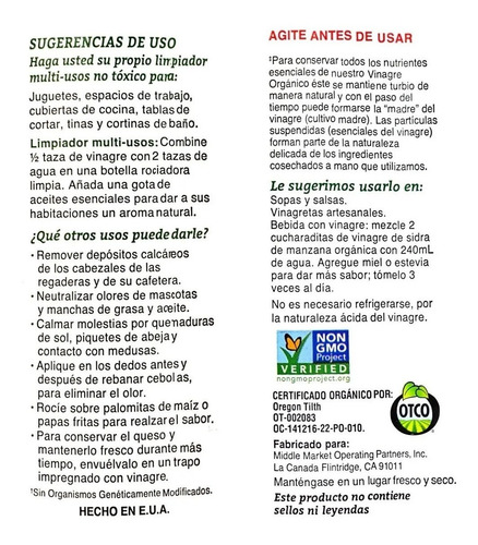 Imagen 2 de 4 de Vinagre De Sidra De Manzana Orgánico Mother Earth 1.89lt