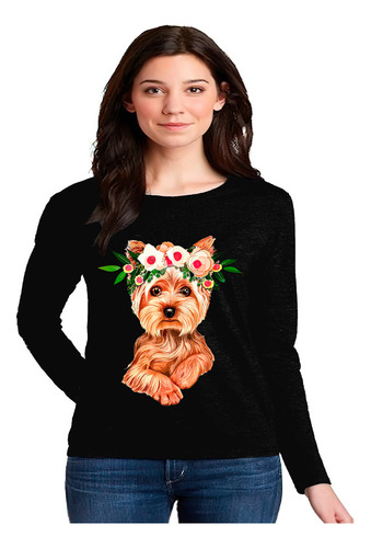 Polera Manga Larga Algodón Perrita Yorkshire Terrier Flores