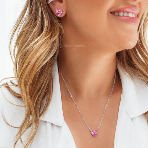 Conjunto Colar E Brinco Rosa Turmalina Com Ródio Branco
