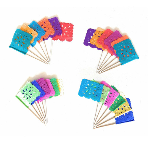 Juego De 24 Banderines De Papel Mexicano Multicolor Con Dise