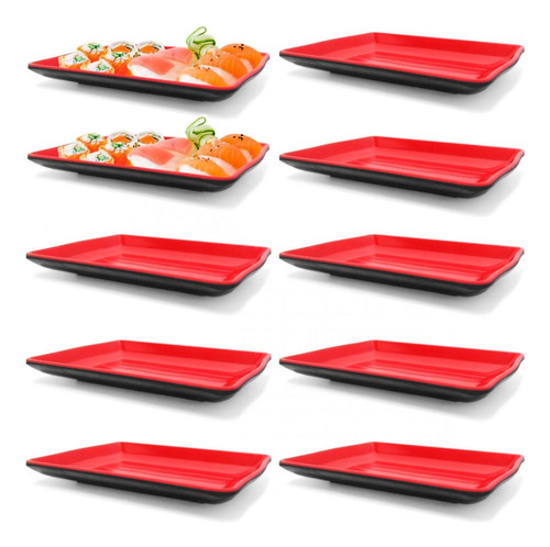 Kit 10 Pratos Em Melamina Retangular 21x13 Cm Para Sushi