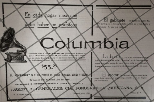 Cartel Publicitario Antiguo Gramofonos Columbia 1912 /5