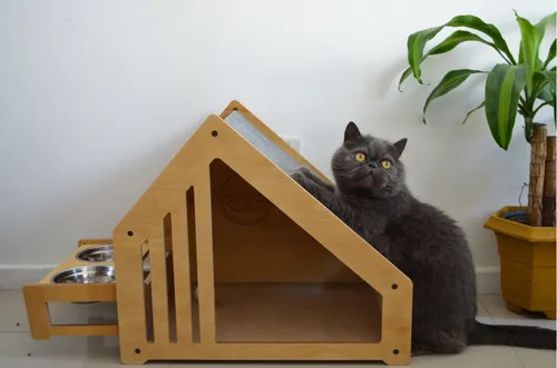 Casa Cucha Para Gatos Madera C Bebedero Y Rascador Pino