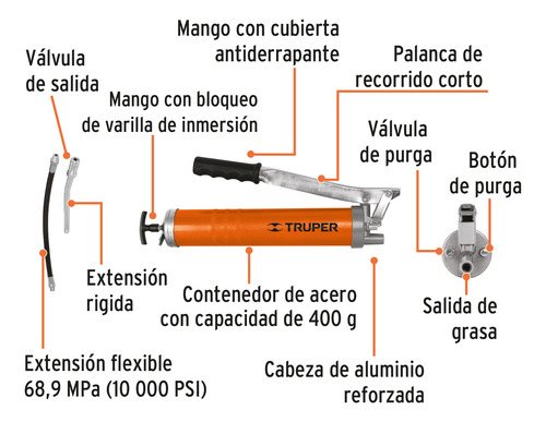 Inyectora De Grasa 14 Oz, 10000 Psi Con Grip, Truper 14861