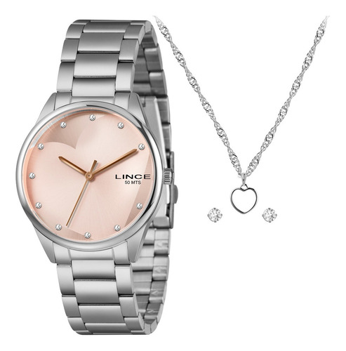 Kit Relogio Lince Feminino Social Coração Rosa Lrmh244l40 Correia Prateado Bisel Prateado