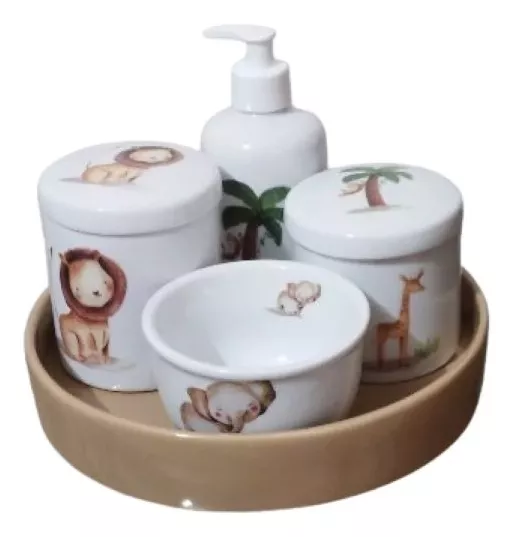 Kit Higiene Porcelana  Branco Safari Bandeja  Louça Bege 