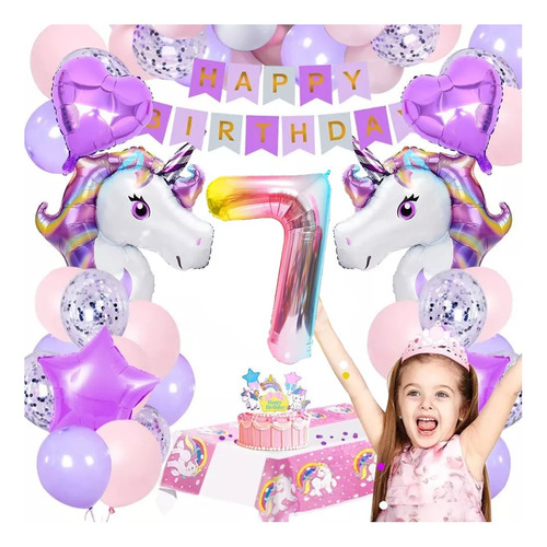 Decoraciones para fiesta séptimo cumpleaños, globos cumpleaños de unicornio para niñas, morados, unicornio cumpleaños para niños