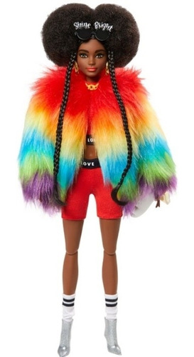 Barbie Extra#1 Cabello Chino Morena Abrigo Arcoiris Mascota