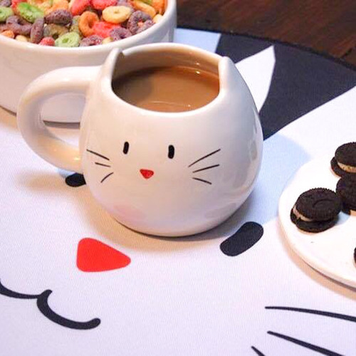 Taza Gato Blanco Con Bandeja Ocho Blanca