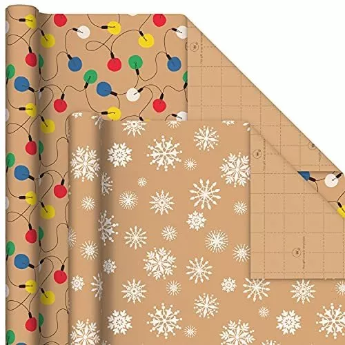 Hallmark Recyclable Christmas Wrapping Paper for Kids with Cut Lines on  Reverse (4 Rolls: 88 sq. ft. ttl) Kraft Brown with Christmas Lights, Deer,  Snowflakes, Red, Green, Blue Stripes 
