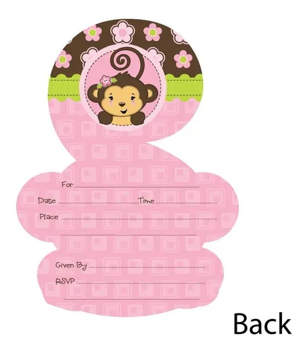Invitaciones En Forma De Mono Rosa - Set De 12 Con Sobres