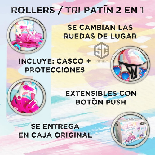Rollers Patin 2 En 1 Extensibles Unicornio +proteccion Casco