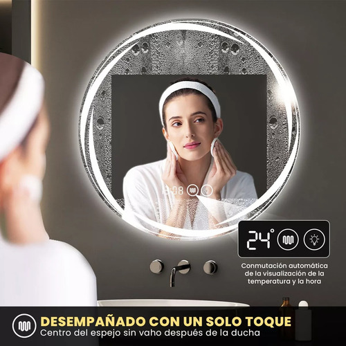 Banna Espejo Led Baño Touch 3 Modo Con Antivaho Hora Temp 80x80cm