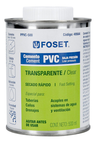 Cemento Para Pvc En Bote De 500ml Baja Presión Foset