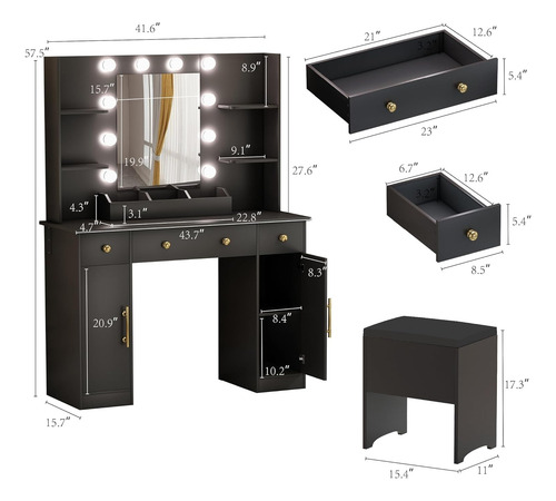 Tocador Con Espejo,luces Led,estación De Carga Y Taburete