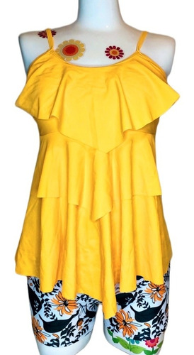 Traje De Baño Talla Mediana Color Amarillo Y Flores M08