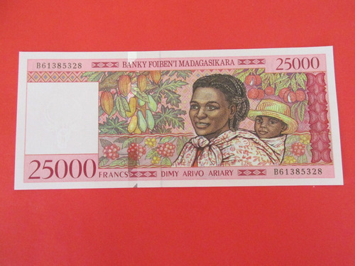 Billete Isla Madagascar Africa  25.000 Francos Unc Raro