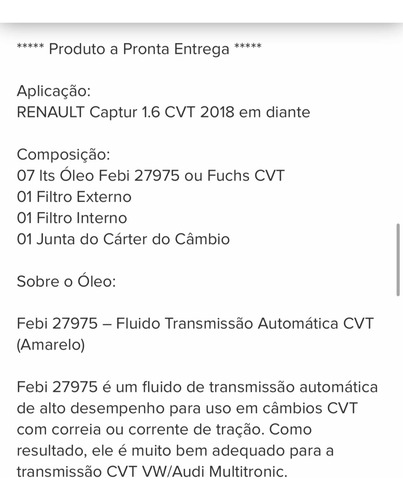 Kit Óleo Câmbio Automático Cvt Renault Captur 1,6