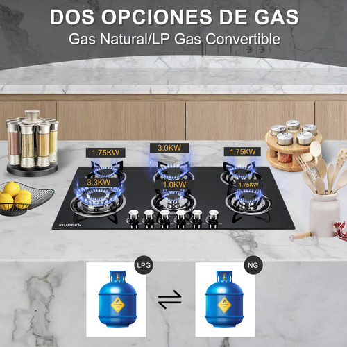 Parrilla A Gas Empotrable/estufa De Mesa Xiudeen 6 Quemadores De Gas Gn/glp Aplicables Cristal Templado Color Negro XD6001G