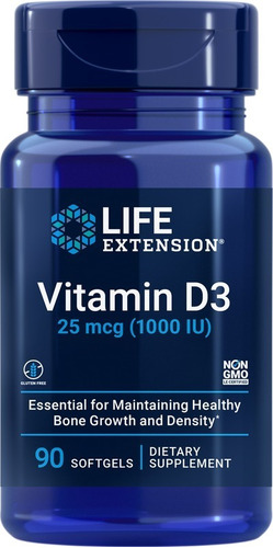Life Extension Vitamina D3 25 Mcg, 90 Softcaps Sin sabor