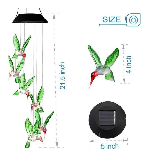 Imagen 3 de 8 de Cambia De Color Led Móvil Colibrí Viento Campanadas Lámpara