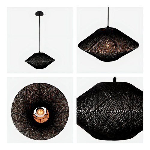 Lámpara Colgante Vintage Negro Ratán E27 1 Luz