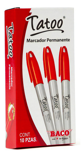 Marcador Tatoo Permanente Punto Fino Rojo C/10 - Baco Mr /v