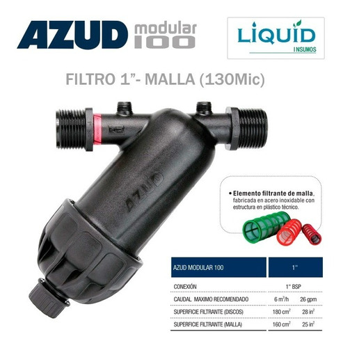 Imagen 1 de 9 de Kit Filtro 1'' Malla 130mic Azud M.100 + Manometro + Cupla