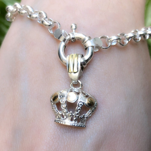 Pulsera Rolo 4,5 Mm Plata Y Oro Con Dije Corona (d282/o)