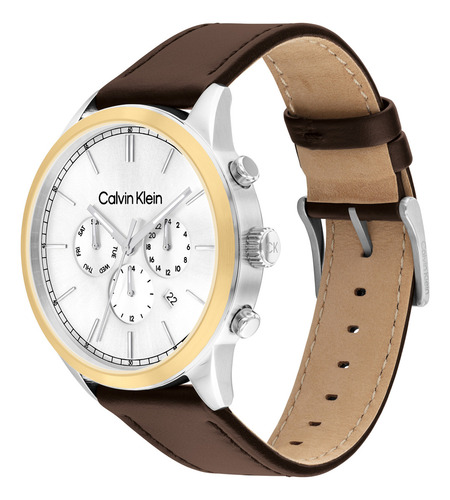 Reloj Calvin Klein Infinite Para Hombre 25200381 Marrón Correa Marrón Oscuro Bisel Dorado Fondo Blanco