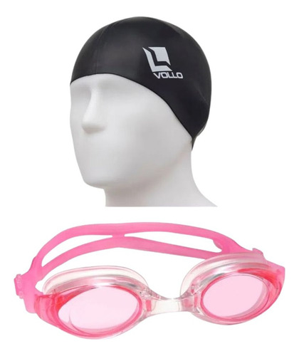 Kit De Natação Adulto Touca Preta + Óculos Essential Rosa