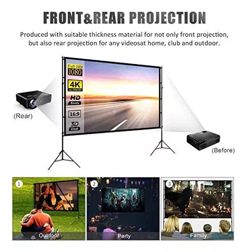 Pantalla de proyector con soporte de 100 pulgadas, pantalla de proyección  portátil 16:9 4K HD trasera frontal proyecciones pantalla de películas con
