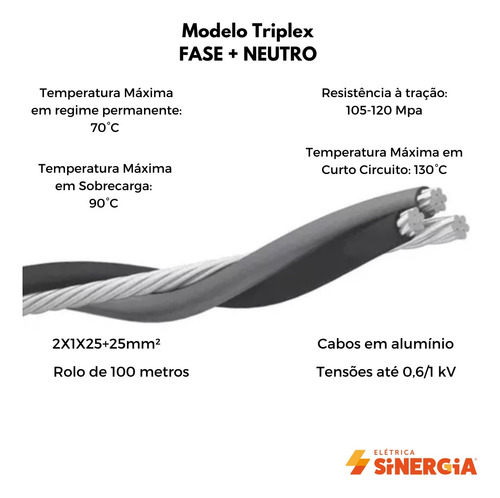 Cabo Multiplexado 90c 0,6/1kv Triplex 2x1x25+25mm² Neutro Nú