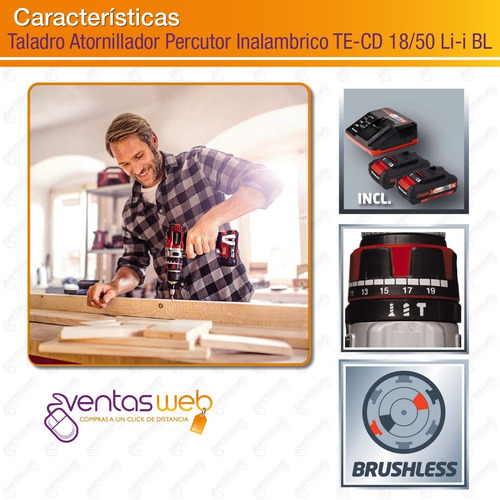 Imagen 5 de 9 de Taladro Atornillador Percutor Einhell Brushless + Completo