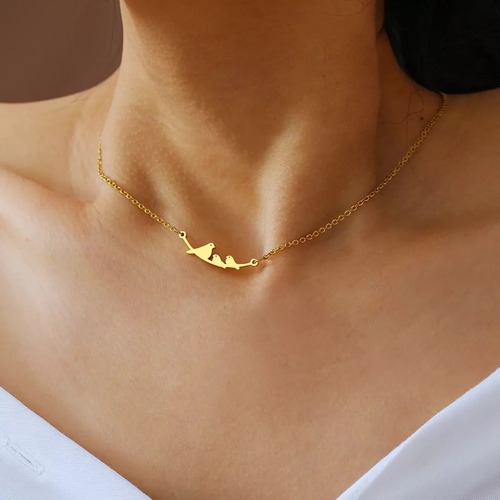 Imagen 2 de 5 de Collar Mujer Dije Pajaritos Baño Oro 14k Mamá Acero Regalo