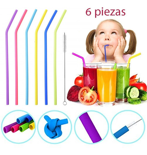 Popote Silicon Ecológico Flexible 6 Piezas Cepillo Full