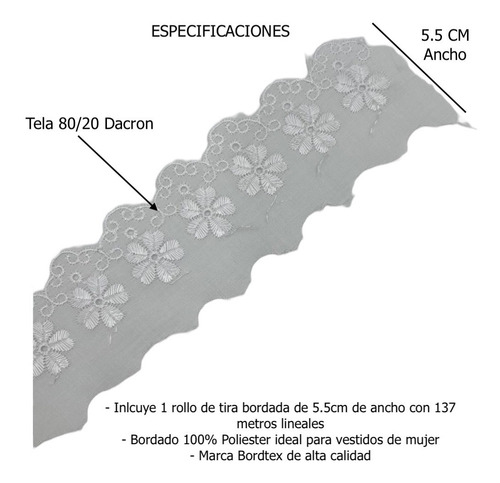 Encaje Tira Bordada Bordtex 754445 5.5cm Rollo De 137mts