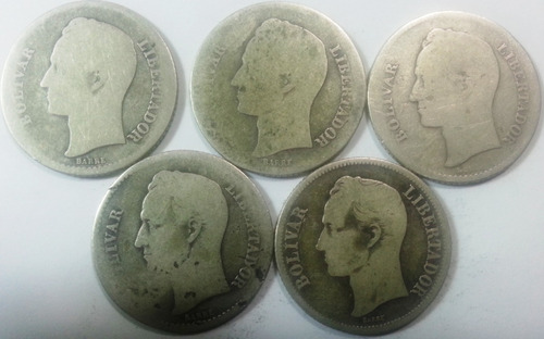 Set 5 Monedas 1 Bs. Plata.1921-1926-1935-1936-1945. Lei 835