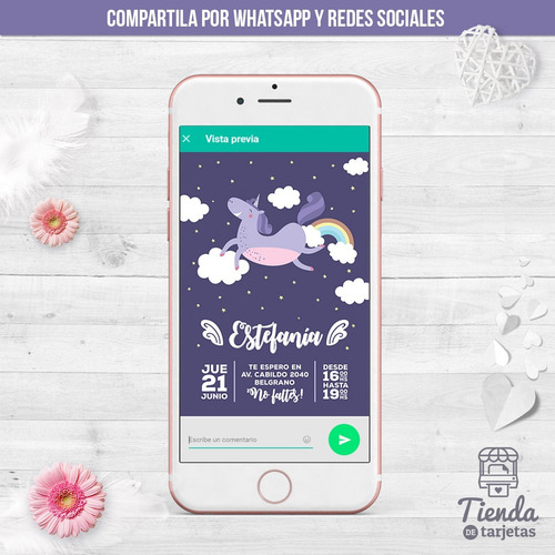 Imagen 3 de 3 de Diseño De Invitación Digital + Imprimible Unicornio Violeta