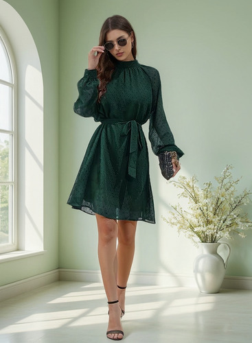 Vestido Casual De Moda Con Cinturón Manga Larga Para Mujer