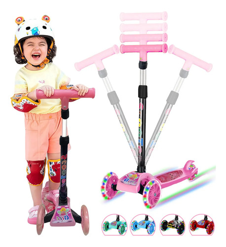 Scooter Monopatín De Pie Plegable C/luz Para Niños 2-10 Años Rosa Cute Girl