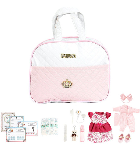 Bolsa Maternidade 19 Acessórios De Baby Reborn Rosa Pequena Cor Branco e Rosa Desenho do tecido Desenhado