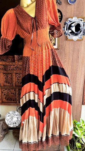 Vestido Longo Laranja Com Terracota Em Chiffon